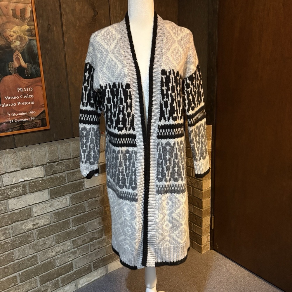 Autumn Cashmere Black Gray Geo Stripe Long Duster Open Cardigan Sequins Sz S